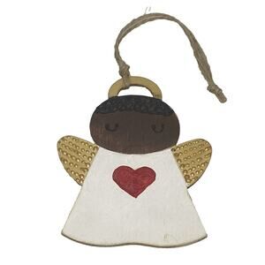 Christmas Black Angel Ornament Wood Gold Wings Red Heart Handcrafted Painted